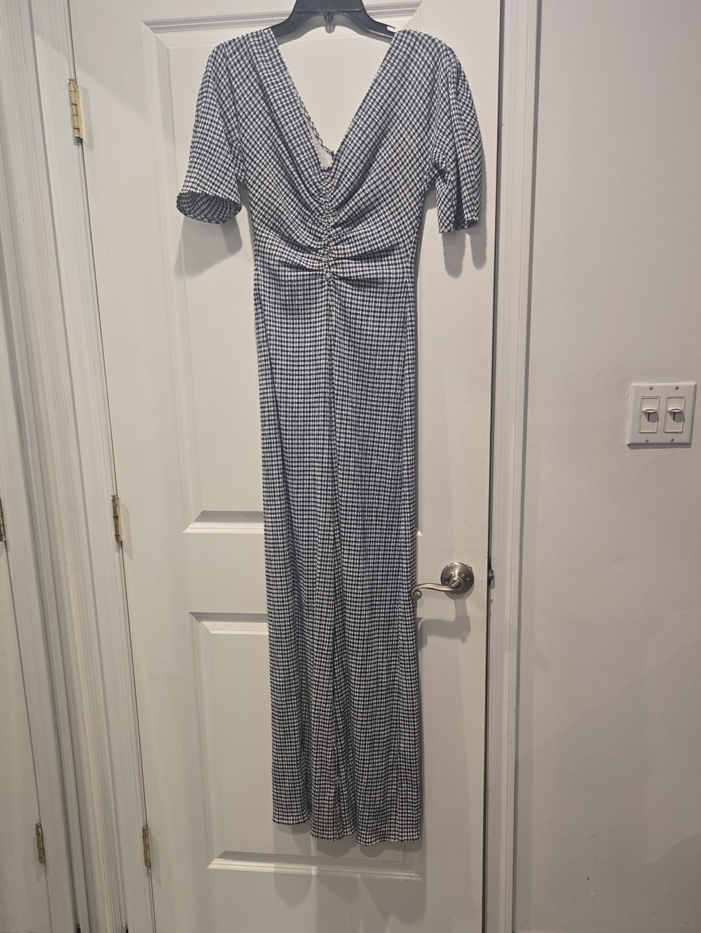Staud Blue & White Gingham V-Neck Romper